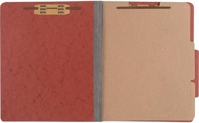 ACCO Pressboard Classification Folders, 3" Expansion, 2 Dividers, 6 Fasteners, Letter Size, Earth Red Exterior, 10/Box
