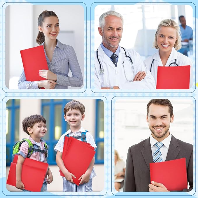 24 Pcs Red Heavy Duty Plastic Folders 2 Pocket File Folder Fit Letter Size for Home Office School Communication Presentation Report Sheet Protectors (Red)