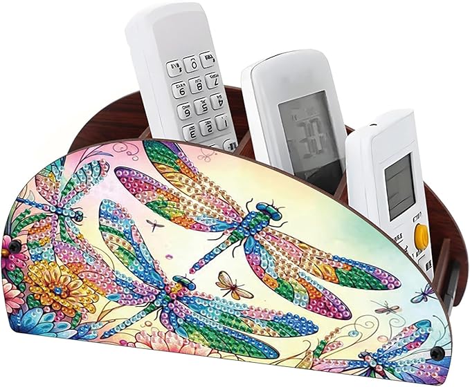 Remote Control Holder with 4 Compartments, DIY Diamond Art Painting Wooden Half Moon TV Control Holder for Remote Controllers, Office Supplies, Makeup Brush, Media Accessories-Dragonfly