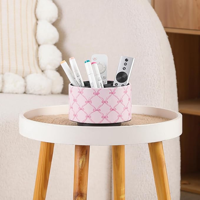 Cute Rotating Table Remote Control Holder, 360 Spinning PU Leather Remote Organizer and Makeup Brush Holder, Aesthetic Room Decor Storage Caddy for Nightstand, Pink Bow PH131