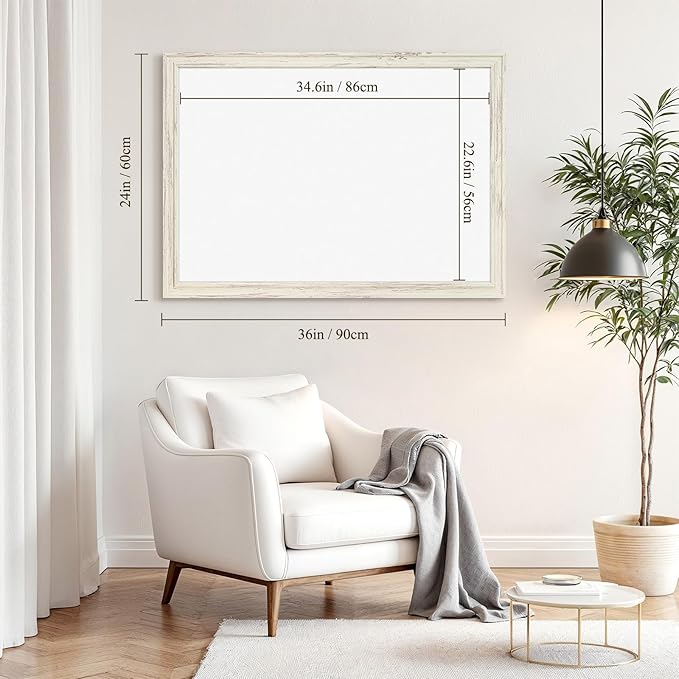 4 THOUGHT Dry Erase Board, 24 x 36 in Magnetic Whiteboard White Vintage Wood Frame Wall-Mounted White Board Decorative Notice Board for School, Office, Home, 8 Magnets 4 Markers 1 Eraser