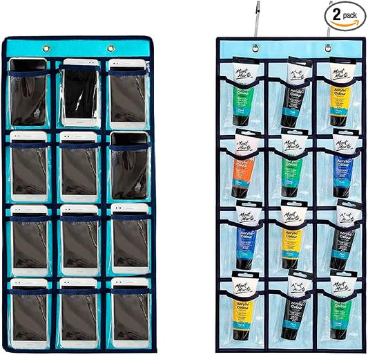 2 Pcs Classroom Pocket Chart Cell Phone Organizer Calculator Holder Over The Door Hanging Storage for Sock Underwear Jewelry with 12 Clear Pockets (Blue)