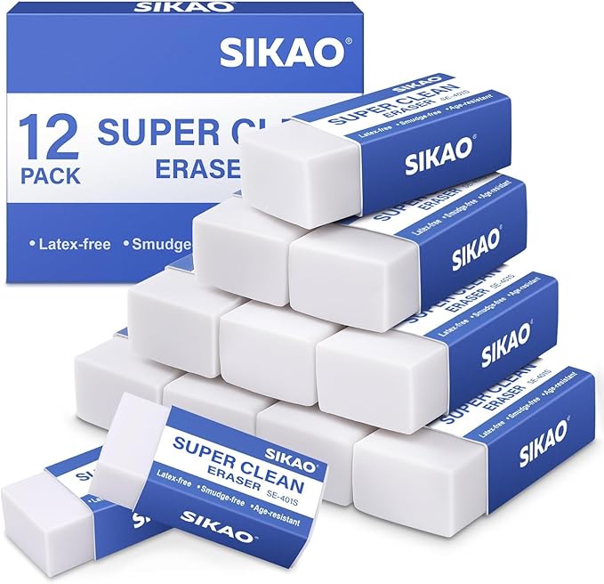White Erasers, 12 Pack Block Pencil Erasers – Smudge-Free Latex-Free, Erasers for Kids School Supplies, Clean Erase for Homework, Office & Drawing (Art Use)
