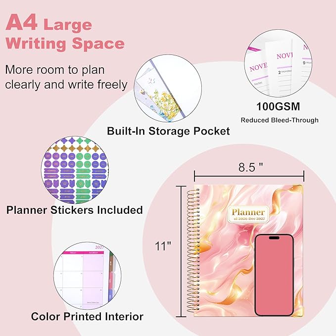 CAGIE Planner 2026-2027, 18 Month Weekly and Monthly Planner, Marble Design Calendar with Tabs, Jul 2026–Dec 2027, Large 8.5" x 11" A4 Hardcover Spiral Agenda Planner for Home, Work, School and Teacher (Pink）
