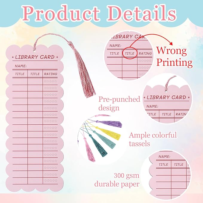 50 PCS Reading List Bookmarks Book Tracker with 50 Bookmark Tassels, 3 x 8 Inch Watercolor Library Card Reading Log Bookmark for Teachers Women Book Lovers
