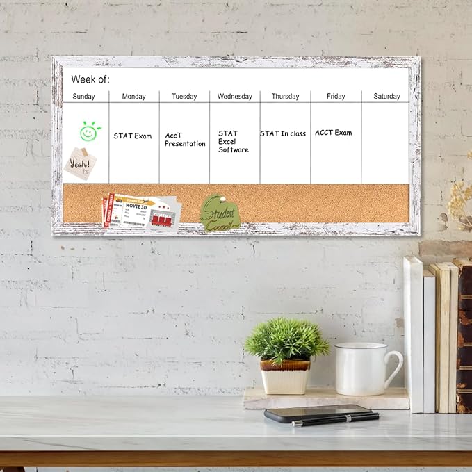Magnetic Weekly Dry Erase White Board and Cork Board, White Wood Frame，Magnetic Surface Whiteboard for Home Office and Wall Decor(ZHZL-3060WH)