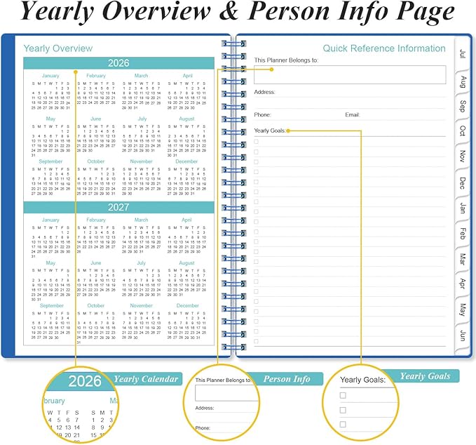 2026-2027 Planner - Planner 2026-2027 from July 2026 - June 2027, Weekly & Monthly Planner Spiral Bound with 12 Monthly Tabs, Inner Pocket, 6.4" x 8.5", Blue