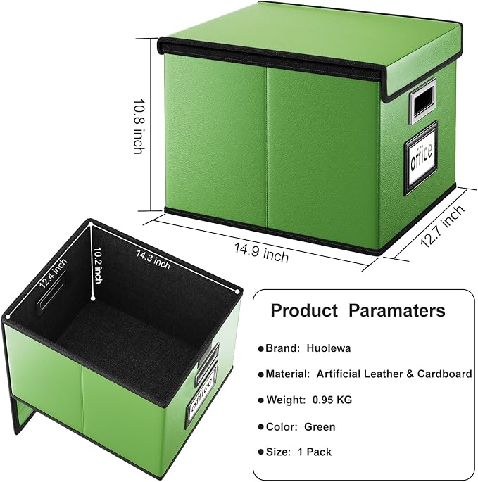 Portable Leather File Organizer Storage Boxes, Collapsible File Folder Organizer Boxes with Lids, Document Organizer, Decorative Filing Box Cabinet for Letter/Legal File Folder Storage