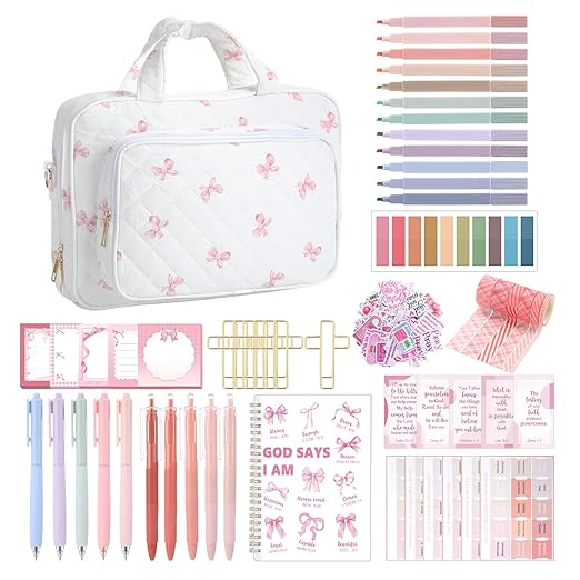 Capoda Bible Cover Case for Women, Bible Tote Bibles Study Supplies with Notebook Highlighters Ballpoint Pen Sticky Notes Scripture Card for Christian Christmas Women Gifts Mom Girls(Bow,Pink)