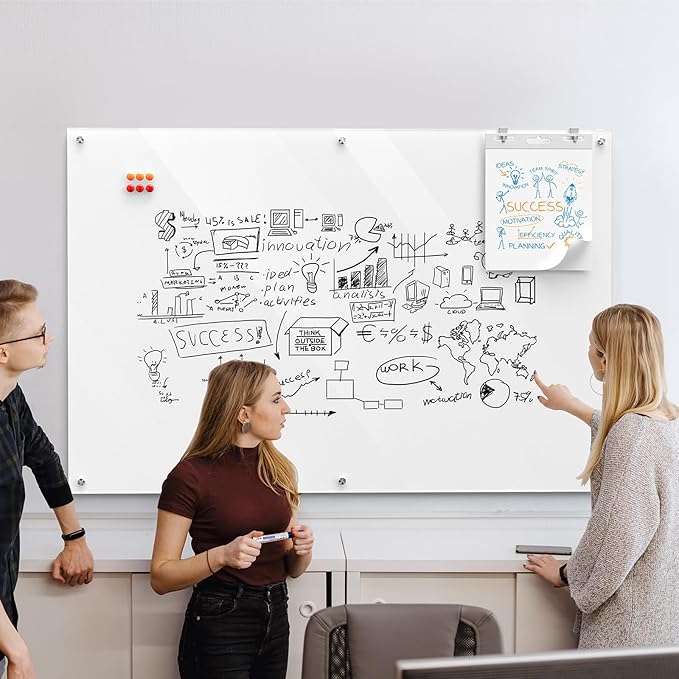 MaxGear Glass Whiteboard Wall Mounted, Frameless Magnetic Dry Erase Board, Tempered Glass, Steel-Backed, Non-Porous Smooth Surface, Floating Design, Accessories Included, for Office Home Classroom