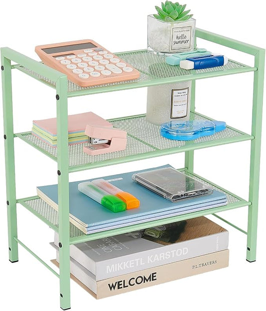 Desktop Shelf Organizer, 3-Tier Desk Organizer, Adjustable Metal Bookshelf for Top of Desk, Office Storage Rack for Office, Home, Dorm and Small Spaces (Mint Green)