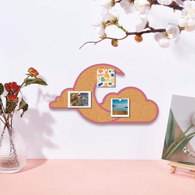 CRASPIRE Cloud Moon Pin Cork Board 11.8x6.49In Framed Bulletin Display Badge Wooden Saddle Brown Wall Mounted Memory Memo Brooch Lapel Pin Holder Storage for Home Office School Classroom Wedding Decor