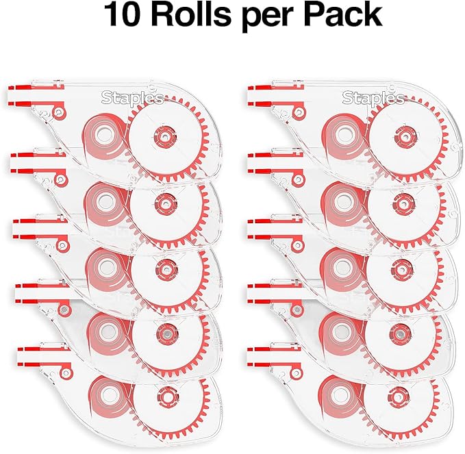 STAPLES Correction Tape, Easy Sidewinder Applicator for Instant Corrections, 10-Pack, White