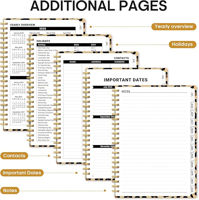 22026–2027 School Year Planner, Weekly and Monthly Academic Agenda, Jul 2026–Jun 2027, Hard Cover Planner with Tabs, 8.5 x 11 Inches, Back to School Office Essential - Leopard