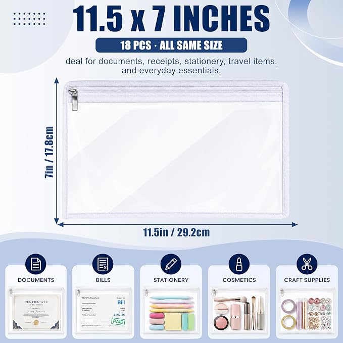 Ireer 18 Pcs Clear Zipper Pouches PVC Waterproof Pouch Bags Transparent Zipper Pouch Clear Storage Bags Multipurpose for Organizing Travel Cosmetics Document File (White,11.5 x 7 Inch)