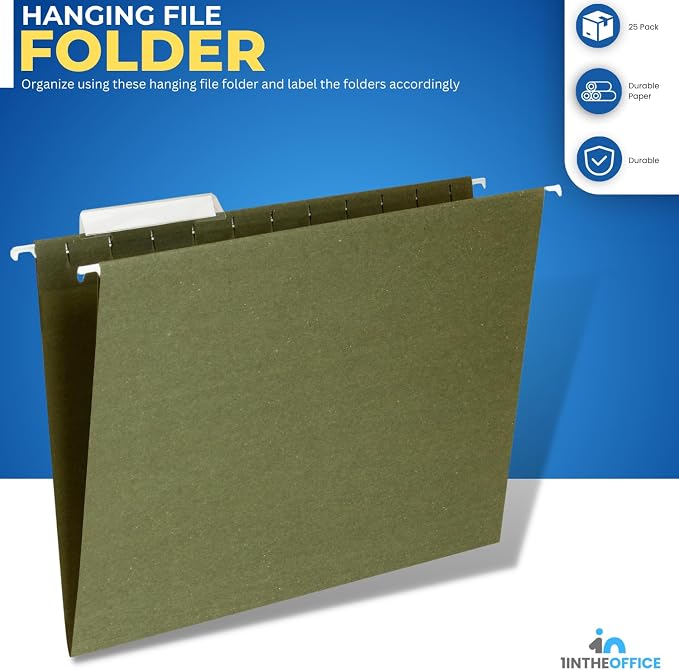 1InTheOffice Hanging File Folders Letter Size, File Cabinet Folders, Reinforced, 1/5 Tabs, Adjustable, Green, 25 Pack