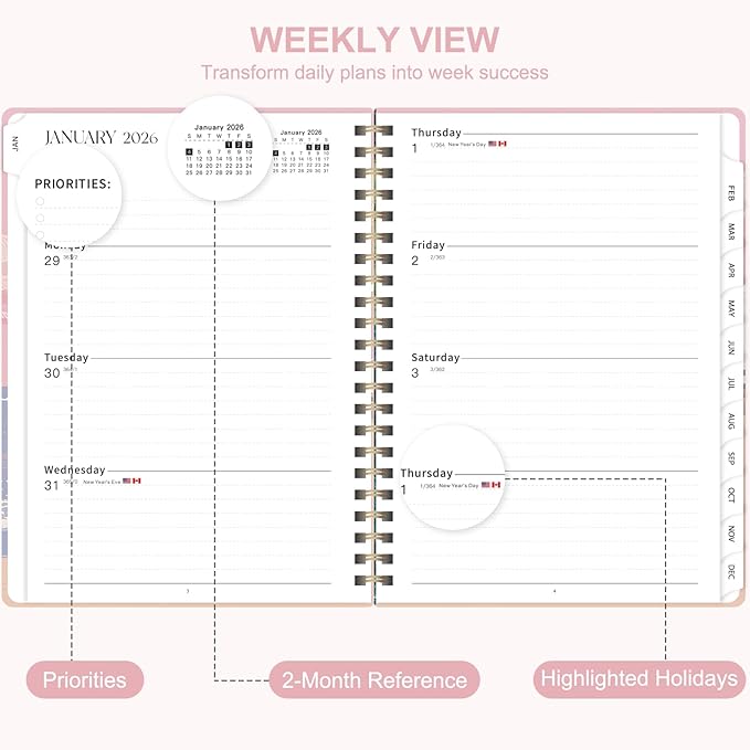 2026 Planner, Weekly and Monthly Calendar Planner Book, Jan 2026 - Dec 2026, Planning Agenda for Desk Accessories and School Supplies - A5 (6.3'' x 8.5'')