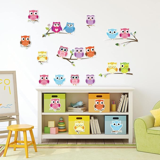 AnyDesign 54 Pcs Back to School Cutouts with 120 Pcs Glue Points Colorful Owls Cut-Outs Name Tags Labels Bulletin Board Decoration for Classroom Kindergarten First Day of School Decorations