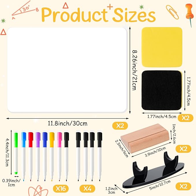 Small Dry Erase Board - 2PCS Whiteboards for Classroom Supplies with 20 Markers, 2 Pen Stands and 2 Erasers, Portable Double Sided Lapboard with Wood Base for Student Teacher School (11 x 8 in)