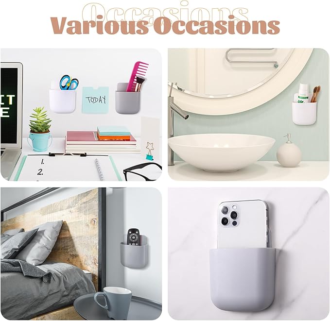 12 Pcs Remote Holder Wall Mounted, Self-Adhesive Phone Pen Holder for Wall Beside Table Bed Storage Box Organizer Wall Pocket for Home Office School Supply Storage Camper Accessories