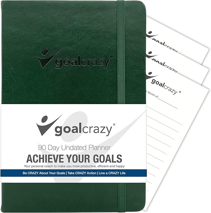 Undated Daily Planner to Achieve Your Goals - 90 Day Guided Journal & Productivity Organizer with Goal Setting, Habit Tracker, To Do List, Academic & Work Calendar, Leather Hardcover - Forest Green