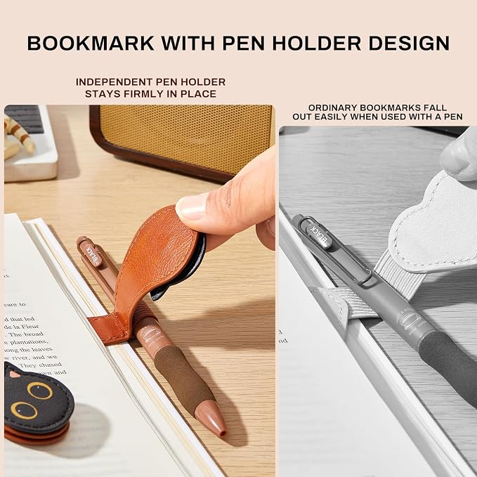 2Pcs Magnetic Bookmarks with Gift Box Magnetic Pen Holder for Notebook Cat Book Marks Clip Gift for Book Lover Readers Cute PU Leather Bookmark for Women, Cat (Brown+Brown)