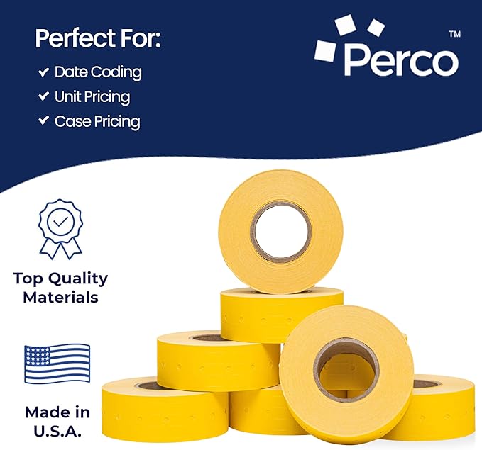 Perco 1 Line Yellow Labels - 80 Rolls, 10 Sleeves, 80,000 Blank Price and Date Gun Labels for Perco Lite, X, Plus and Pro 1 Line Price and Date Guns - Made in USA