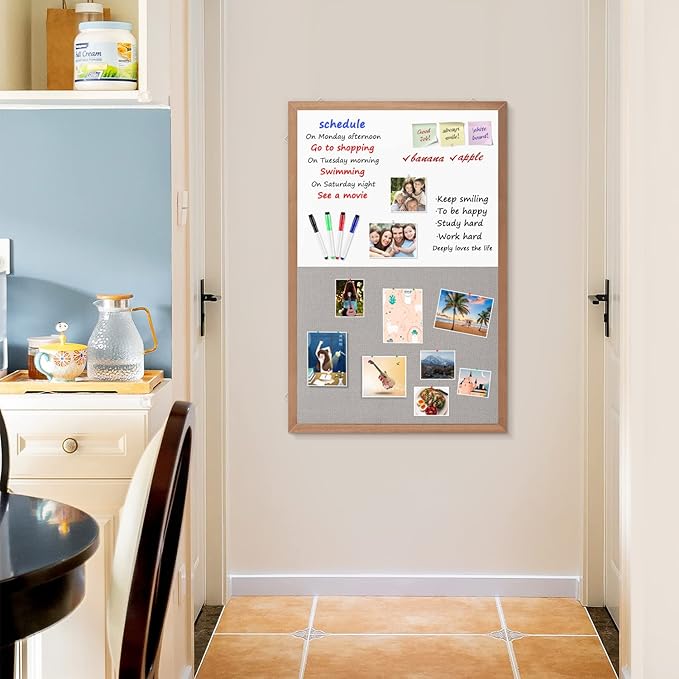 Grey Felt Bulletin/Dry Erase White Combo Board, 36" X 24“ Combination Whiteboard/Bulletin Board, Pin Board with Natural Wood Frame…