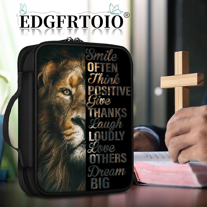 Bible Cover, Lion Positive Quote Bible Case with Handle and Zippered Pocket Standard Size Holy Bible Bag Women Gifts, Church Bag Portable Bible Carrying Book Case for Bible Study
