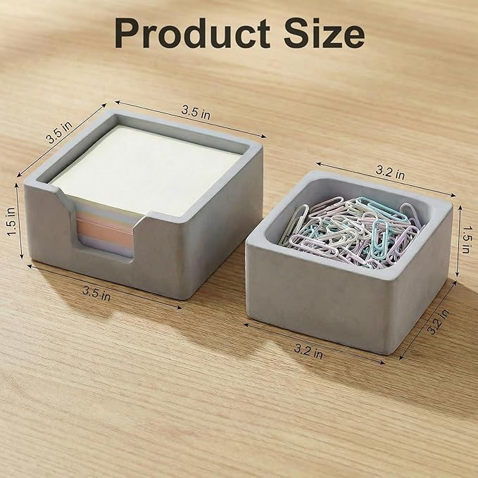 Concrete Desk Organizer Set of 2 - Minimalist Sticky Note Holder & Paper Clip Dispenser - Heavy Duty Office Desk Accessories with Non-Slip Base for Home Workspace Organizer & Desk Decor, Gray