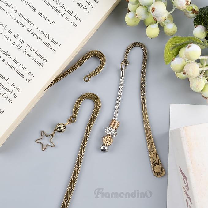 Framendino, 12 Pack Metal Bookmarks, Antique Vintage Bookmark Hooks, Flower Carved Hairpin Stripe Book Marks with Loop for DIY Jewelry Making Charms
