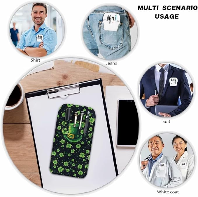 chaqlin St. Patrick Top Hats Print Pocket Protector, PU Leather Organizer, Pocket Pouch for Men Women Shirt Lab Coat for School Office Hospital Supplies