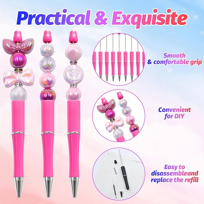 300 Pieces DIY Beadable Pen Kit – 100 Plastic Ballpoint Pens with Refills & Bags – School Supplies, Office Accessories & Decorative Items for Students & Teachers (Rose Red)