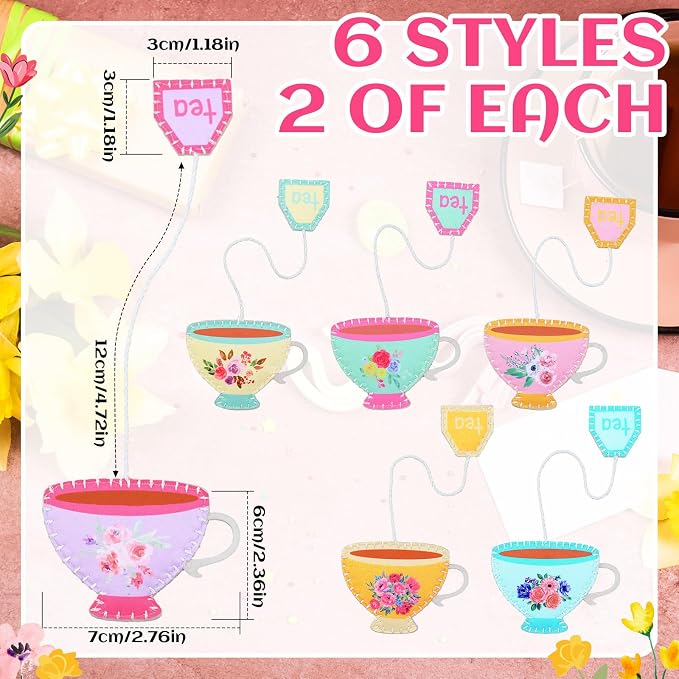Resurhang 12 Pcs Tea Bag Bookmarks Tea Party Favors Cute Hand Embroidered Teapot Bookmarks Gift for Spring Holiday Teacher Women Book Reading Lovers Gift Book Marks (Retro)