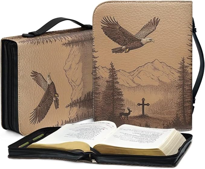 Leather Bible Cover Case, Book Cover with PU Bookmark, Bible Case,Brown Bible Covers for Men,Christian Gifts,Cross Deer and Bald Eagle,Small
