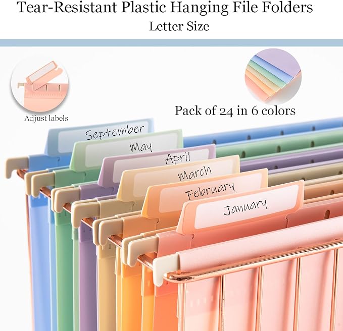 Tear-Resistant Plastic Hanging File Folders Letter Size, 24 Count File Organizer Suitable for File Cabinet Filing Cabinets, 1/5-cut Adjustable Tabs for Office, School