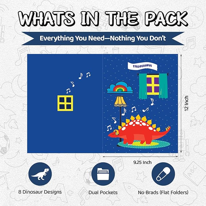 8 School Folders - Cute Pocket Folders with 8 Unique Dinosaur Designs in Front, Back Cover and Inside - Kids Pocket Folders - Homework Folders - Dinosaur Folders - 12 x 9.25 Inches (Pack of 8)