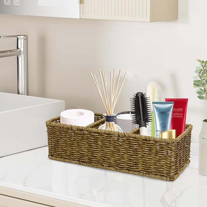 Remote Control Holder,Tv Remote Storage Basket,Handwoven Wicker Basket with 3 Compartments,Desk Caddy,Cosmetic & Night Stand Storage Box,Table Organizer for Office Supplies,Makeup Brush Holder