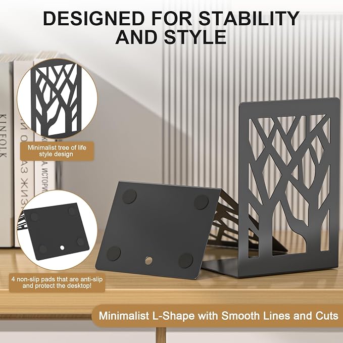 Bookends 4 Pieces, Tree Design Modern Metal Bookends for Shelves, Black Tree Book Ends Decorative Book Organizer for Desk, Decorative Shelve Book Stopper for Home Office
