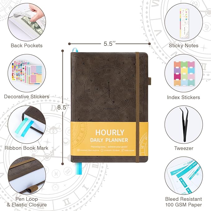 Undated 12 Month Planner Hardcover (5.5x8.5") - Weekly & Monthly Academic Life Organizer, Productivity Journal, Thick Paper, Sticker, Bookmark, Pen Loop(Brown)