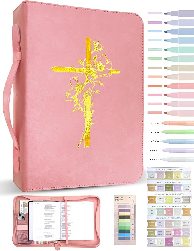 Bible Cover Case for Women, Large Bible Bag with PU Leather Hot Foil Stamping Cross Design, Journaling Kit, Bible Study Supplies Accessories, Christian Gifts for Girls & Women (Pink)