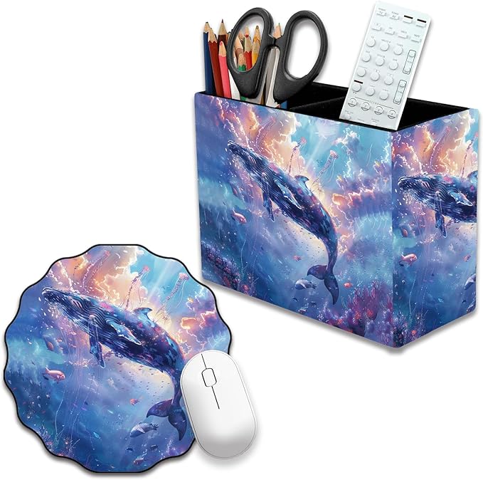 Pen Holder and Anti-Slip Mouse Pad Combination, Makeup Brush Storage Box, Tableware Storage Box, Suitable for Office and Home - Sky Blue Whale