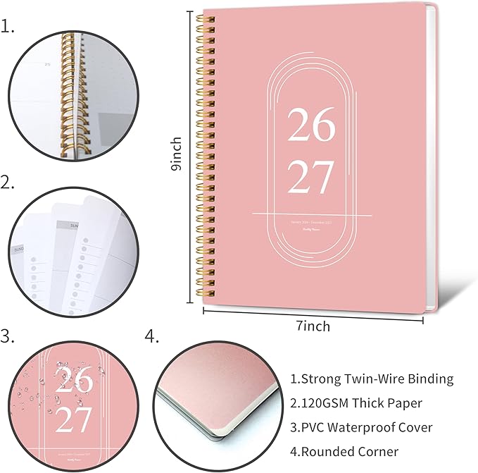 2026-2027 Monthly Planner - 2 Year Monthly Planner 2026-2027, Jan 2026 - Dec 2027, 7" x 9", 2 Year Calendar with 24 Month, Twin-wire Binding, Note Pages, Pink