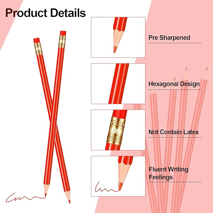 12 Pcs Checking Pencils Erasable Colored Pencils Pre-Sharpened 2 HB with Erasable Tops for Checking(Red)