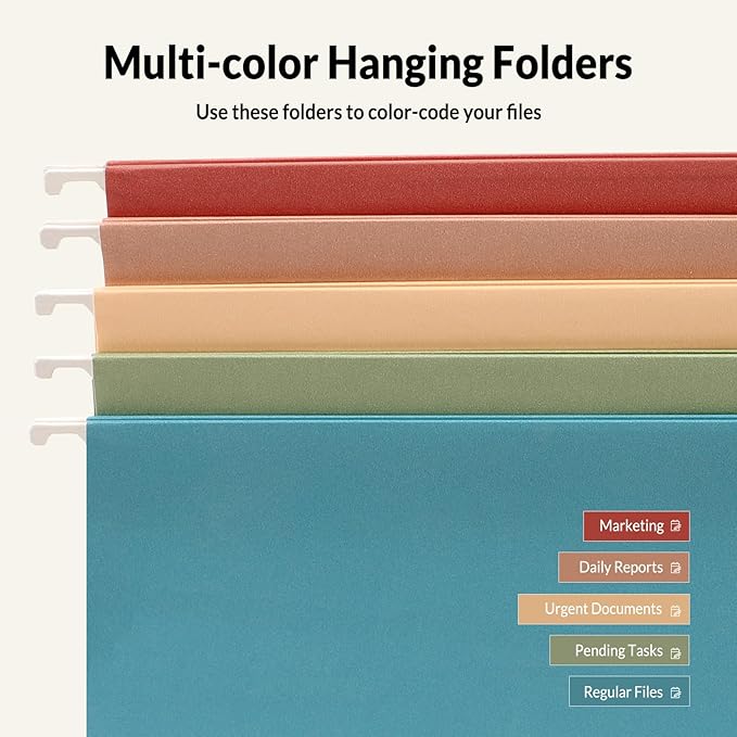 SUNEE Hanging File Folders, Retro Colors - 75 Pack, Colored File Folders Letter Size with 1/5-Cut Tabs, Ideal for Organizing Home and Office Documents