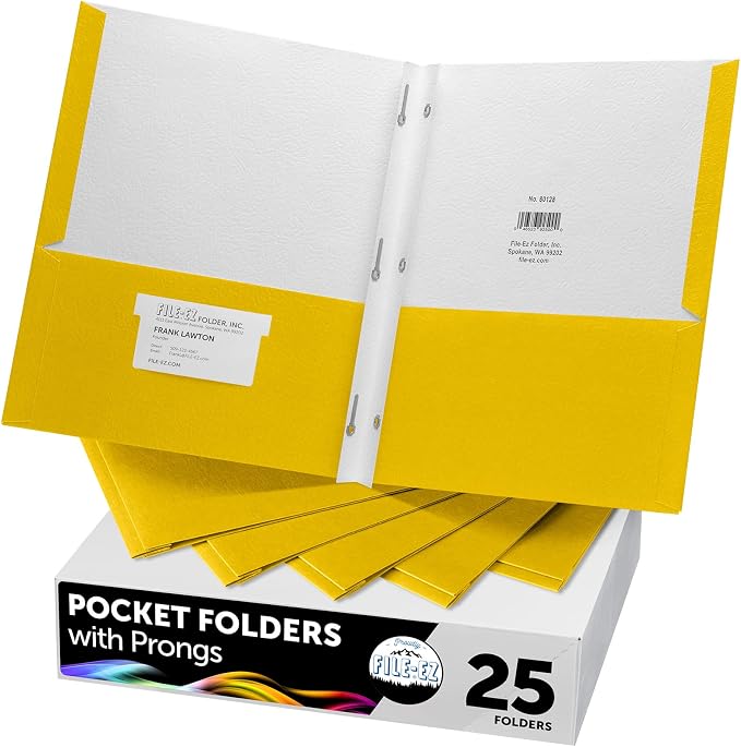 FILE-EZ Two-Pocket Folders with 3-Prong Fasteners, Yellow Color, 25-Pack, Durable Textured Paper, Matte Finish, Letter Sheet Size (EZ-92570)
