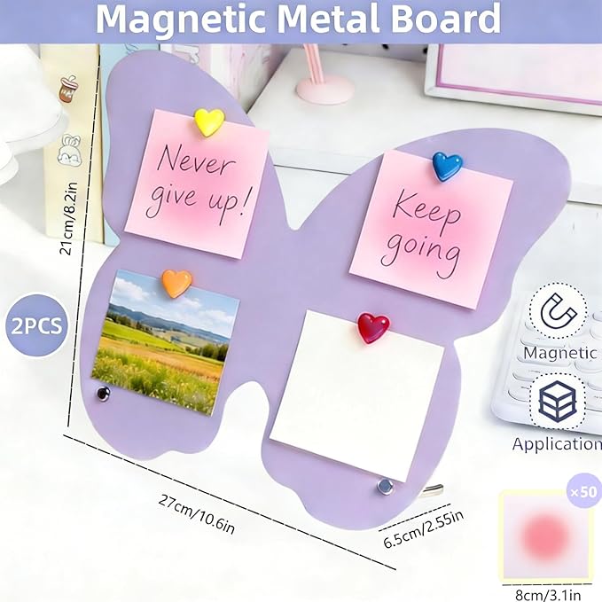 2 Pcs Magnetic Board, Magnet Message Board, 10.6"x8.2" Metal Magnetic Bulletin Board with 50 memo Sheets and 8 Magnets, Magnet Display for Home, School, Kitchen, Office(Butterfly, Purple)