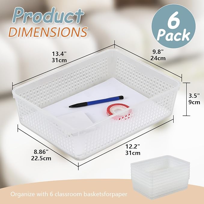 Kekow 6-Pack Clear Plastic Paper Storage Baskets Trays, File Storage Tray Basket