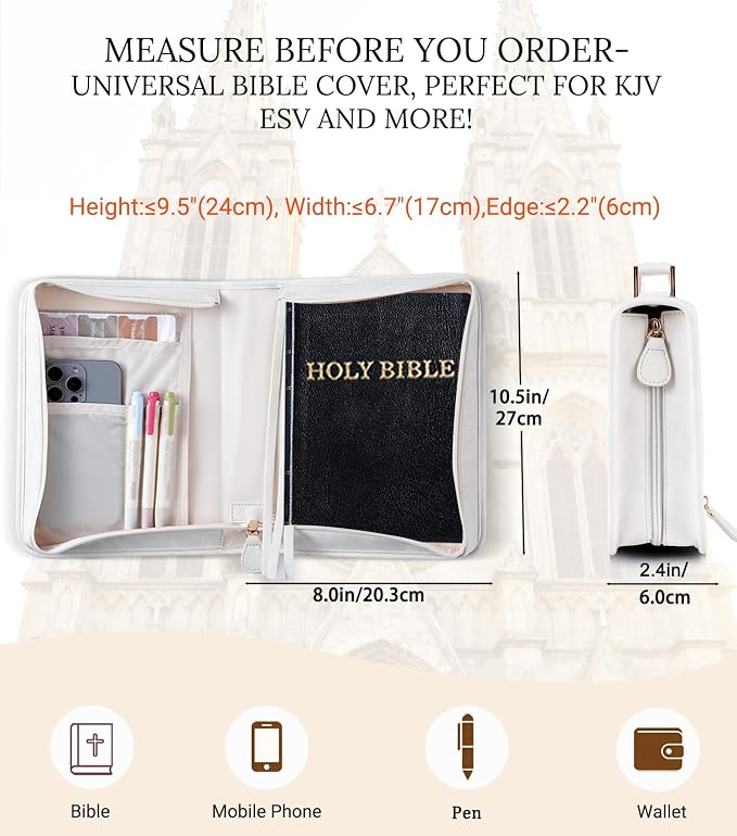 Vegan Leather Bible Cover for Men & Women, Bible Case with Gift Box, Christian Catholic Religious Bible Gifts (White)