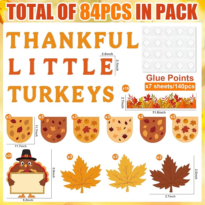 Turkey Bulletin Board Decoration Set Thankful Little Turkeys Classroom Decoration DIY Printed Paper Turkey Maple Cutouts Thanksgiving Decor for Home Party School Fall Activities